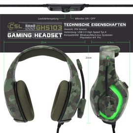 CSL Wired Gaming Headset Over-Ear Headphones with Microphone Noise Cancelling Plug & Play USB for PC Laptop Game Console Camouflage