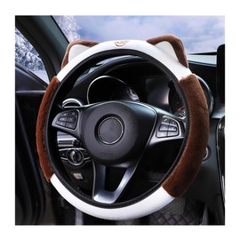 Bittwee Car Steering Wheel Cover, Fluffy Soft Plush for Winter Warm, Cute Steering Wheel Protector with Kitty Cat Ears, Universal 15 Inch, Elastic & Anti-Slip, Lovely Decor Car Accessories (Coffee)
