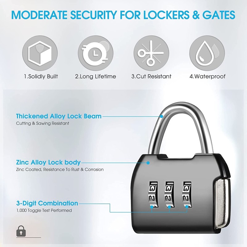 3 Digit Combination Padlock, 4mm Shackle Dia, Resettable Lock Zinc