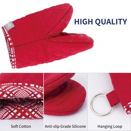 Short Oven Mitts, 2Pcs Kitchen Mitts for Oven, Oven Mitts Heat Resistant with Silicone Non-Slip Grip and Hanging Loop, Mini Oven Mitts to Protect Hands for Cooking, Baking and Grilling(Red)