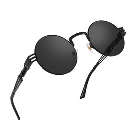 Yvey Essence Vintage Round Steampunk Sunglasses for Women Men Circle Lennon Hippie Style Glasses Metal Frame (Black Frame/Gray Lens)