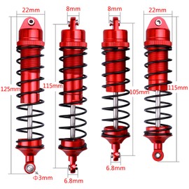 HobbyPark Aluminum Shocks for Arrma 1/10 Granite 4x4 Bigrock Senton Typhon 3s 6s Blx Shock Absorber Assembled Front & Rear, Replacement of AR330550 AR330551 (Set of 4) (Red)