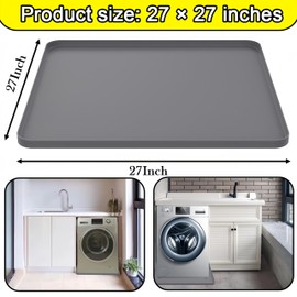 27×27inch Washer Drain Pan Silicone Mat, With Raised Edge Washing Machine Silicone Mat, Multi-function Non Slip, Soft Foldable Portable Waterproof Pad（grey）