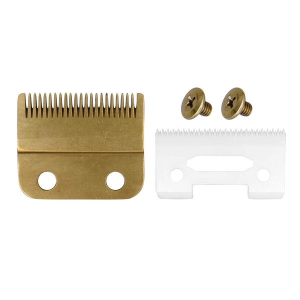 AIRERA 2-Hole Stagger Tooth Replacement Blades Set # 2161, 1 Fixed Carbon Steel Blade, 1 Movable Ceramic Blade, Compatible with Cordless Magic Clip Wahl 5 Stars (Gold)