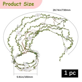 CABODYALS White Flower Wreath Headband Boho Fairy Floral Hair Crown With Leaves Vine Ribbon Hairband Garland Crafting Wrapped Hair Hoop for Women Party Wedding Accessories Vacation Festival Decoration