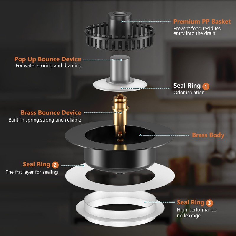 3-in-1 Kitchen Sink Strainer & Stopper, Matte Black Pop Up