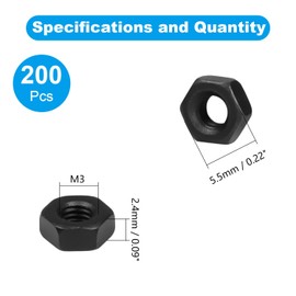 Yinpecly 200pcs M3-0.5 Hex Nut, Carbon Steel Grade 8.8, Black Oxide, M3x0.5mm Hex Drive, Metric Hexagon Hex Nut Black, Small Nuts Fasteners, Right Hand, M3 Replacement Nut