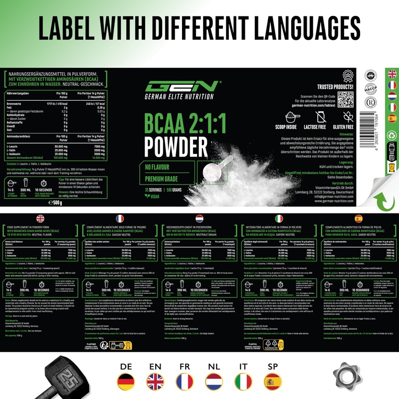 BCAA 2:1:1 Powder - 500 g - Flavour: Unlflavoured (Neutral)