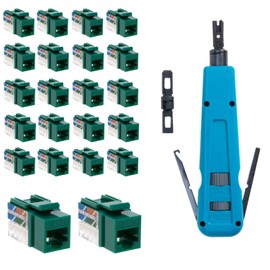 Easy Punch Down with Stainless Steel Blades For RJ45 LAN Cat6 / Cat5e Keystone Jacks + 20 Green Cat5e Keystones Jack Connectors Kit
