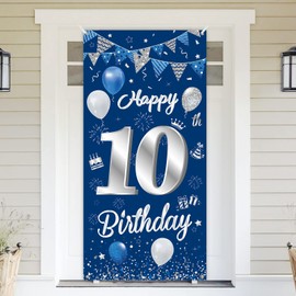 10th Birthday Banner Blue Silver, BTZO 10th Birthday Boys, Decoration 10th Birthday Party Girls, 10th Birthday Poster Background Banner for 10th Party Birthday Decoration