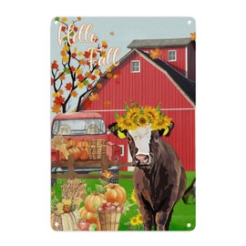 Farm Truck Sunflower Pumpkin Cow Hello Fall Rustic Vintage Porch Signs Rustic Farmhouse Fall Decor Metal Wall Sign Happy Thanksgiving Metal Art Sign for Bedroom Yard Garage Garden 18x12in