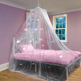 Bed Canopy for Girls Bed with Glowing Stars - Princess Room Decor, Ceiling Net to Cover Toddler Crib | Full, Twin Size Kids Bed, Fire Retardant Fabric (White - Unicorn)