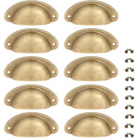 Yetaha 10pcs Cabinet Cup Pull Handle, 82x35mm Drawer Shell Pull Handles, Vintage Antique Kitchen Cupboard Pulls Furniture Knob with Screws Suitable for Handware Drawer Dresser Door, Brass