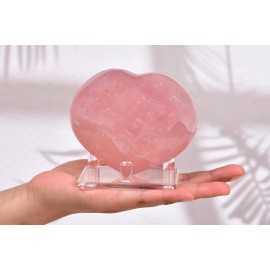 AMOYSTONE Rose Quartz Crystal Rocks Heart Puffy Worry Stone Palm Healing for Chakra Reiki Balancing Meditation Home Decor with Plastic Stand 4"-4.3"