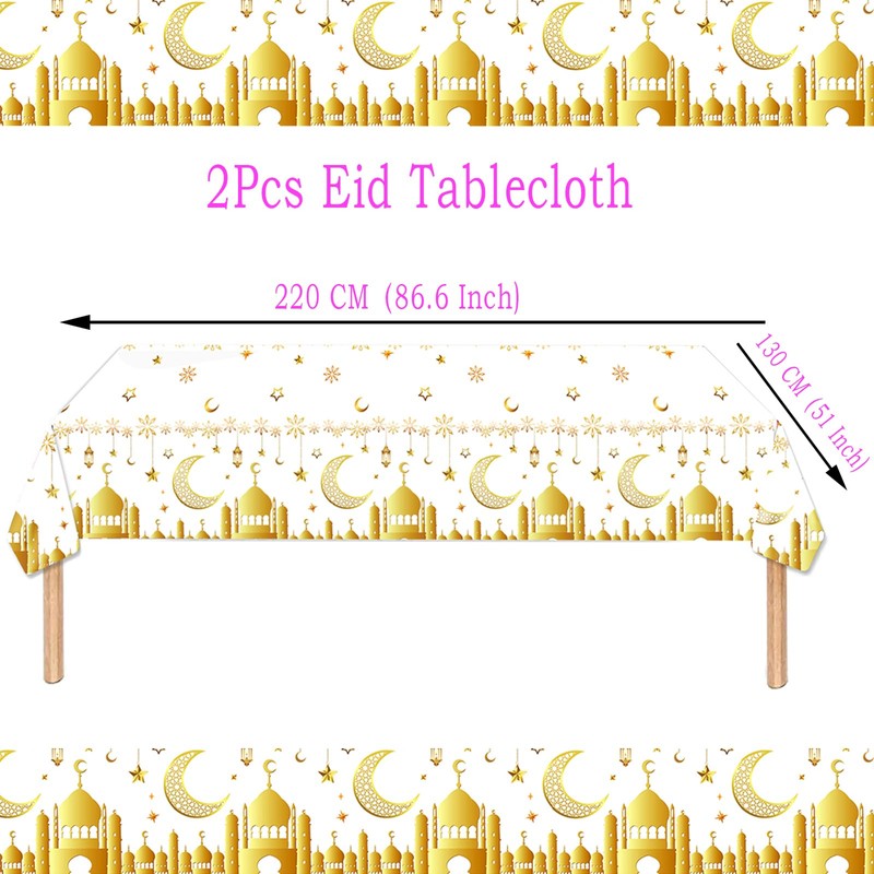 2Pcs Ramadan Table Cloth for Eid Tablecloths Party,130*220cm White Gold