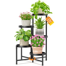LASZOLA 5 Tier Large Plant Stand Indoor Tall with 10 Inch Metal Tray, Corner Folding Flower Display Rack, Modern Plant Holder Shelf for Outdoor Patio Porch Garden Office Living Room, Black