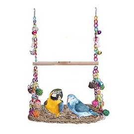 LimCryspp Seagrass Woven Bird Hammocks with Wooden Stands, Tiger Skin/Phoenix/Cone Tail/Peony Parrot Gnawing Toys, Multi-Level Climbing and Resting Platforms