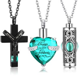 LOLIAS 3 Pieces Cremation Urn Necklaces for Ashes Stainless Steel Crystal Heart Cross Cylinder Ash Necklace Memorial Pendant Necklace Locket Ash Keepsake Jewellery for Women Men Dogs, Stainless Steel