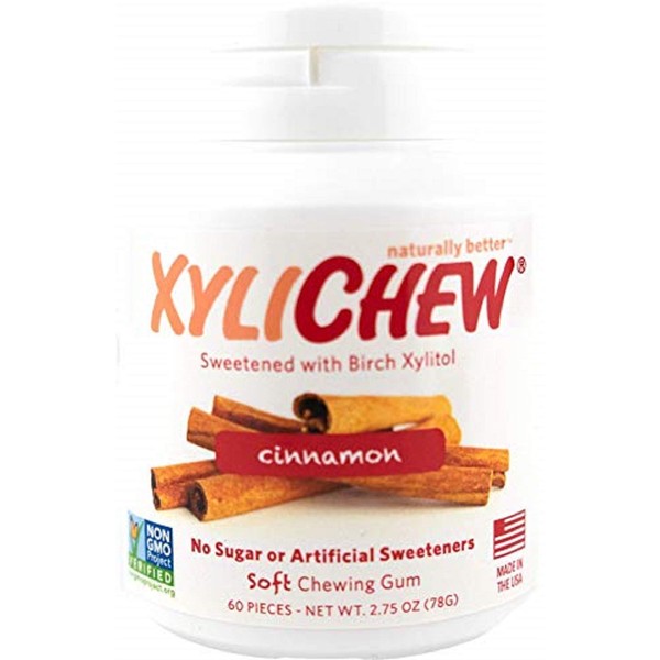 Xylichew 100% Xylitol Chewing Gum Jars - Non GMO, Gluten, Aspartame, and Sugar Free Gum - Natural Oral Care, Relieves Bad Breath and Dry Mouth - Cinnamon, 60 Count (Pack of 4)