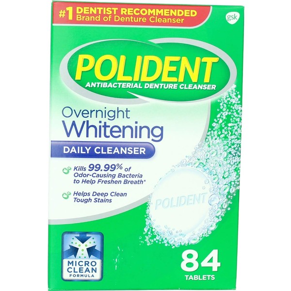 Polident Overnight Whitening, Antibacterial Denture Cleanser, Triple Mint Freshness 84 ea (Pack of 3)