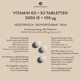 SUNDAY NATURAL® Vitamin D3 K2 High Dose - 365 Tablets - Premium Quality: - 99.8+% All-Trans K2-MK7 + 5,000 IU Vitamin D3 - No Unnecessary Additives - Laboratory Tested in Germany - Perfect for Sharing