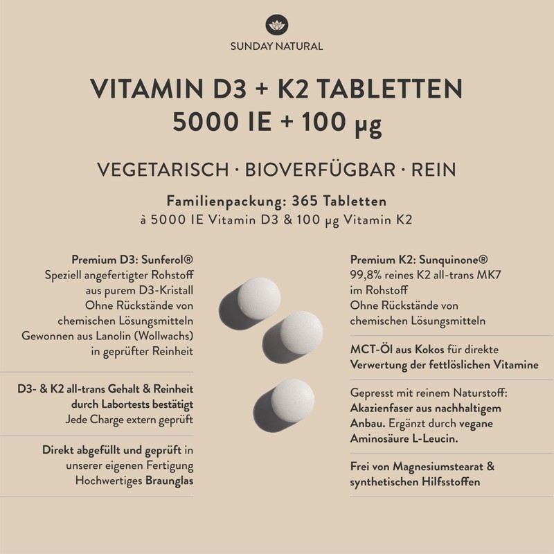 SUNDAY NATURAL® Vitamin D3 K2 High Dose - 365 Tablets