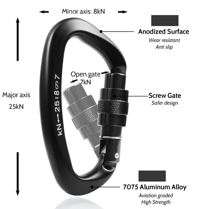 Locking Carabiner - 25kN 5600lb Climbing Carabiner Screw Gate D