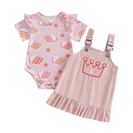 MAHUAOYIXI 2Pcs Baby Girl 1st Birthday Outfits Short Sleeve Letter/Crown Print Romper with Ruffle Overall Dress Toddler Summer Clothes Girls Birthday Gift (Pink, 12-18 Months)