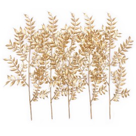 PASYOU Fake Leaves Plants for Christmas Decor, Gold Artificial Shrubs Grass Foliage Plastic Bulk Leaf Indoor Outdoor Home Garden Party Hotel Verandah Wedding Event Faux DIY Decoration - Golden 5 Pack