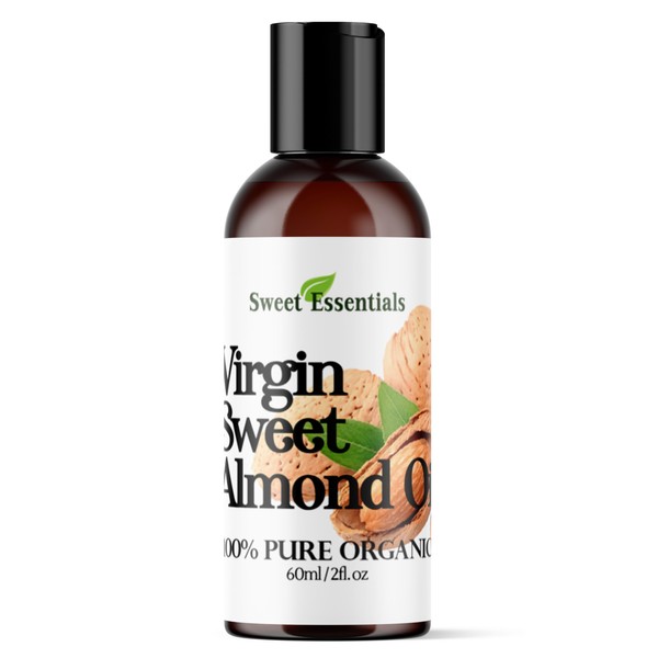 Organic Unrefined Virgin Sweet Almond Oil | Imported From Italy | 100% Pure | Cold Pressed | Hexane Free | Great For Hair, Skin & Nails | Carrier Oil (2 Fluid Ounces)