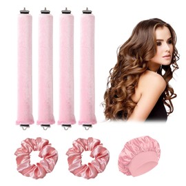 Benaewa 4 Pcs Heatless Curling Rods, Overnight Blowout Rod with Hairnet and 2pcs Hairband, Soft Velvet Flexi Rods With Hook (Pink)