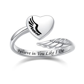 S925 Sterling Silver Adjustable Inspirational Ring (Feather Wing Design), Believe in You Like I Do Motivational Encouragement Graduation Gift Jewelry for Women Girls Boys Daughter Friend