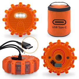 Ecoangel USB-C Rechargeable LED Road Flares Emergency Lights-Large Capacity (Lithium Battery) 3 in 1 Cable Roadside Warning Car Safety Beacon Flashing Disc Flare Kit with Magnetic Base for Vehicles