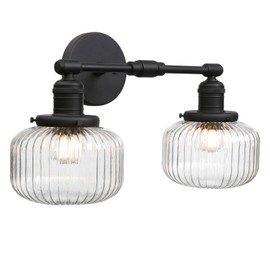 JIMUBEAM 2-Lights Industrial Glass Wall Sconces, Antique Brass Clear Striped Globe Shade Wall Light Fixture for Bathroom Vanity, Bedroom, Dining Room, Living Room, Farmhouse, Stairs
