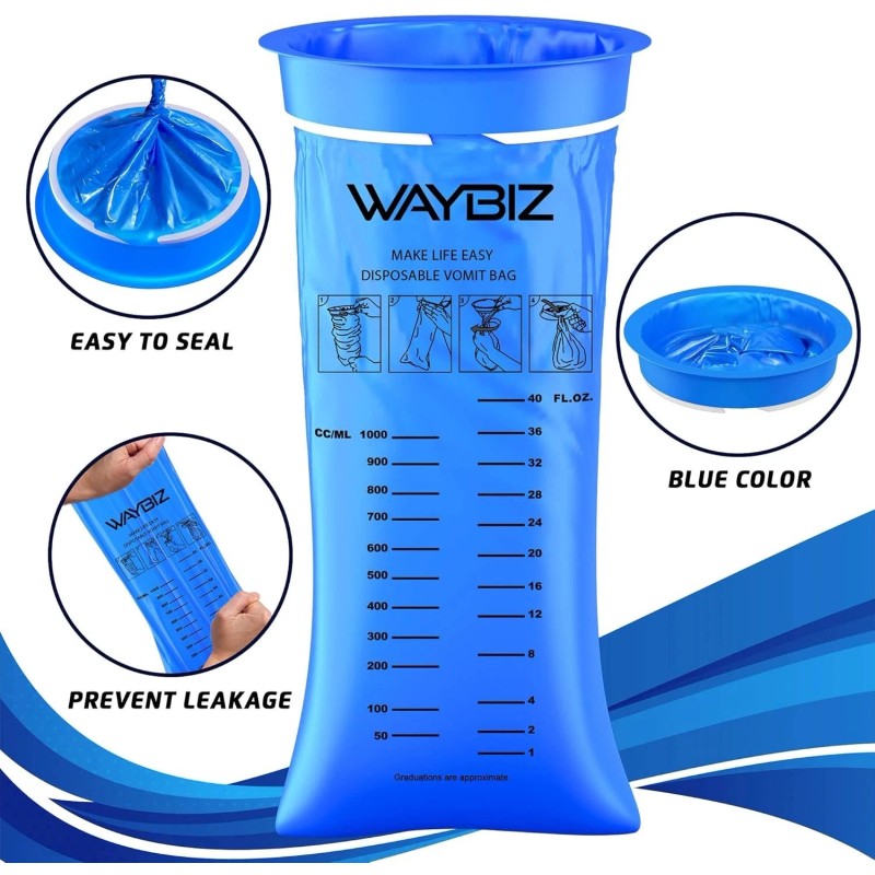 WAYBIZ Vomit Bags 16 Pack 1000 ml, Non-Transparen