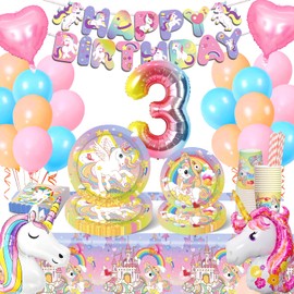 Unicorn Decoration Children's Birthday, 3 Years Unicorn Birthday Decoration Girls, Unicorn Party Tableware Set with Unicorn Birthday Party Tableware Balloons Cups Napkins Tablecloth for 10 Guests