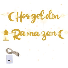 Hosgeldin Ramazan Ramadan Garland, Eid Mubarak Decoration, Ramadan Mubarak Banner, Islam Banner Decoration, Gold Glittering Ramadan Kareem Banner, Ramadan Banner Decoration for Eid Festival Party