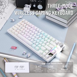 Attack Shark X820Ultra Wireless 75% Mechanical Gaming Keyboard with Screen & Knob Hot Swappable 2.4GHz/BT/Wired RGB Backlit Gasket Mount Side Print PBT Keycap QMK Web Driver Gift Switch-White Contour