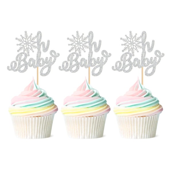 Ercadio - Paquete de 24 adornos de copos de nieve para cupcakes con purpurina plateada, copos de nieve y copos de nieve de invierno para decoración de fiestas temáticas de Navidad, invierno