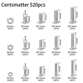 520 Pcs Nuts and Bolts Set, M3 M4 M5 Stainless Steel Hex Socket Button Head Bolts and Nuts Assorted, Screws Nuts Bolts Assortment Kit with 3 Pcs Hex Wrenches