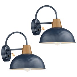Dusk to Dawn Outdoor Wall Light 2 Pack, HWH Exterior Wall Sconce Light Fixture, Outdoor Gooseneck Porch Light Wall Lamp with Hammered Metal Shade, Dark Blue Finish, 5HZG70B-PC-2 SF
