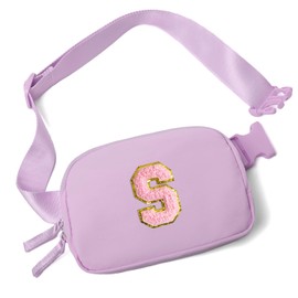 Belt Bag Two-Way Zipper Fanny Pack Crossbody Bags with Initial Letter Patch Cute Stuff for Teenager Girls Trendy Preppy Stuff for Teen Girls Birthday Gifts Cool Stuff for Teens (Lavender-S)