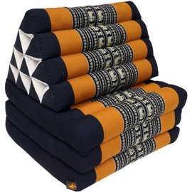 GURU SHOP Thai Cushion, Triangular Cushion, Kapok, Day Bed with 3 Cushions - Black/Orange, 30 x 50 x 160 cm, Asian Seat Cushion, Sleeping Mat, Thai Mat