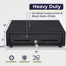 Volcora Cash Register Drawer for Point of Sale (POS) System with Fully Removable 2 Tier Cash Tray, 5 Bill/8 Coin, 24V, RJ11/RJ12 Key-Lock, Double Media Slot, Black