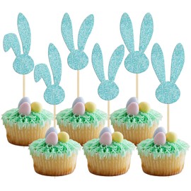 Gyufise 24Pcs Happy Easter Cupcake Toppers Blue Glitter Easter Rabbit Bunny Ear Cupcake Picks Decorations for Happy Easter Day Theme Baby Shower Kids Birthday Party Supplies