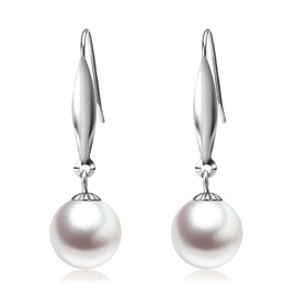 18k Gold Freshwater Cultured Earrings for Women Dangle, Fine Jewelry for Her (9mm-10mm Pearl), White Gold, Pearl
