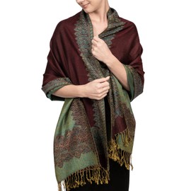 Achillea Soft Silky Reversible Paisley Pashmna Shawl Wrap Scarf w/Fringes (Border Wine)