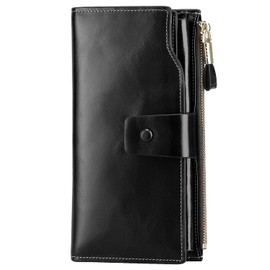 PARVENZA Women's RFID Blocking Large Capacity Luxury Wax Genuine Leather Purse Wallet Black PVZ0702B