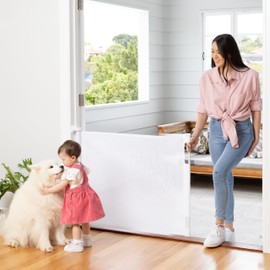 Retractable Baby Gate Perma Child Safety 33" Tall x 71” Wide, Mesh, for Stairs, Doorways, Dogs, Pets, Indoor, Outdoor, One-Handed Operation, Locking, Easy Install, Hardware Mount, White