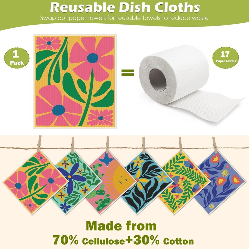 Revahope 6 Packs Swedish Dishcloths for Kitchen, Reusable Paper Towels